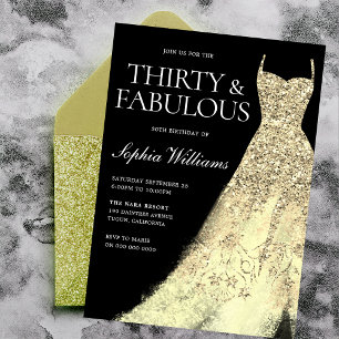 Gold Sparkle Gown Black 30th Birthday Party  Invitation