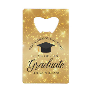 Gold Sparkle Graduate Custom 2023 Graduation Party Credit Card Bottle Opener