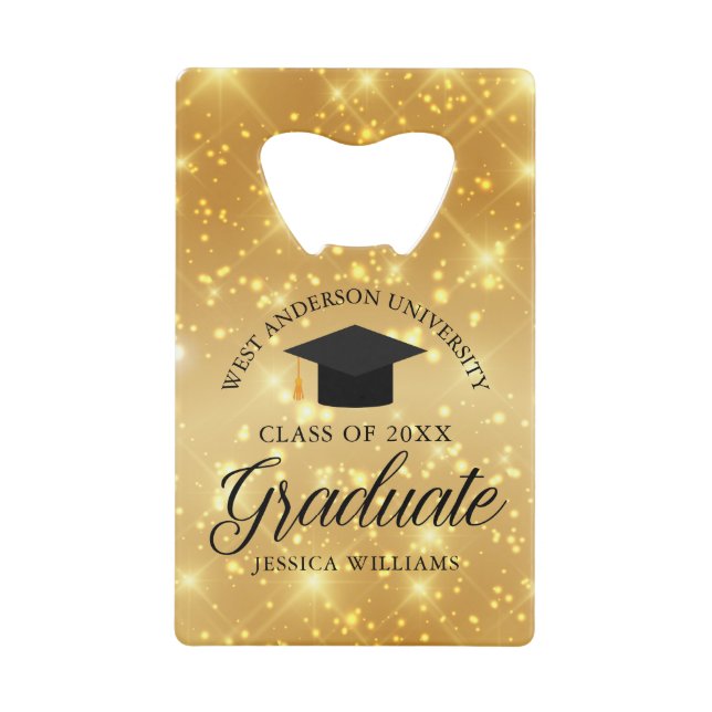 Gold Sparkle Graduate Custom 2023 Graduation Party Credit Card Bottle Opener (Front)