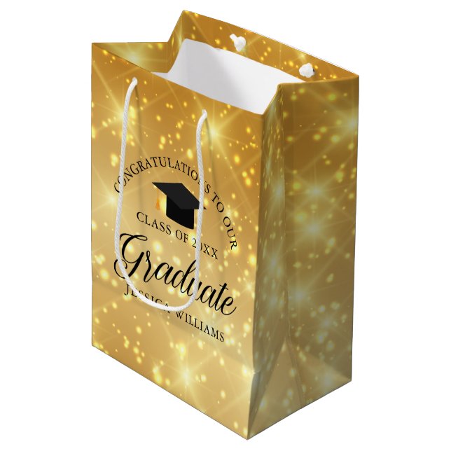Gold Sparkle Graduate Custom Chic 2025 Graduation Medium Gift Bag (Front Angled)