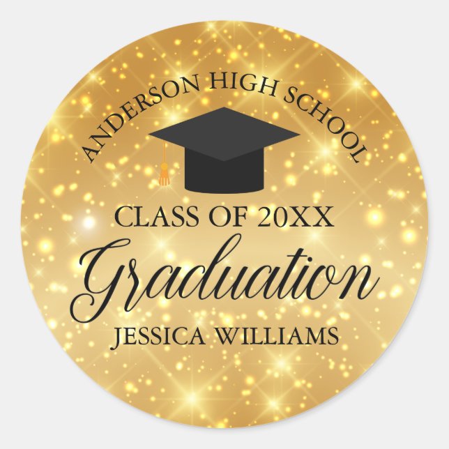Gold Sparkle Graduation Chic Class of 2024 Custom Classic Round Sticker (Front)