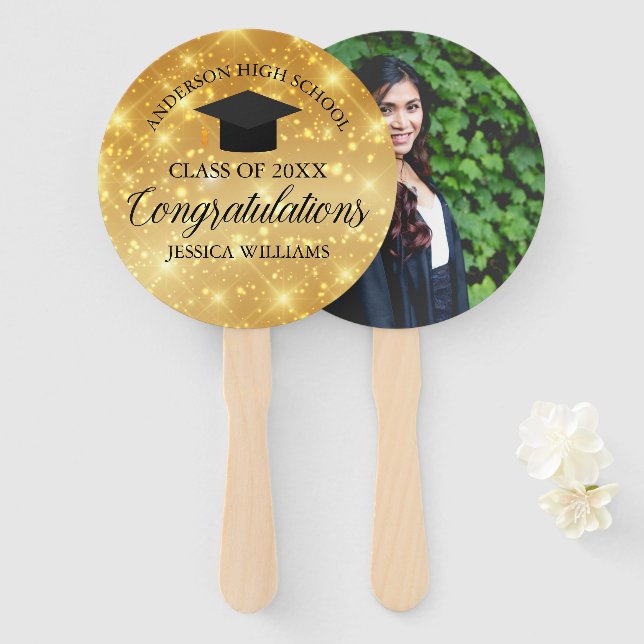Gold Sparkle Graduation Custom Congratulations Hand Fan (Front and Back)