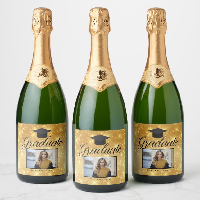 Gold Sparkle Graduation Photo Chic Custom Party Sparkling Wine Label (Bottles)