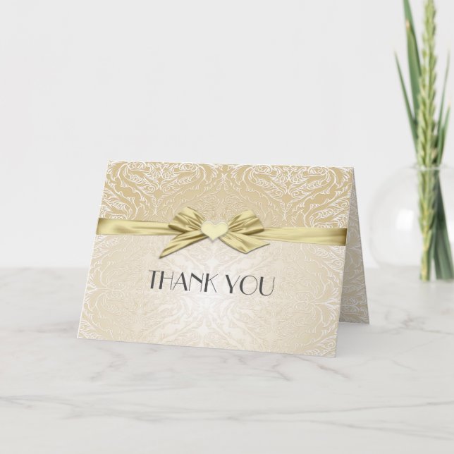 Gold Sparkle Heart Ribbon Damask Thank you card (Front)