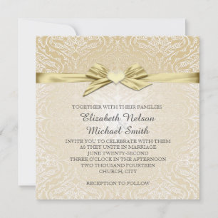 Gold Sparkle Heart Ribbon Damask Wedding Invite