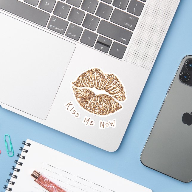 Gold Sparkle "Kiss Me Now" Lips Vinyl (Laptop w/ iPhone)