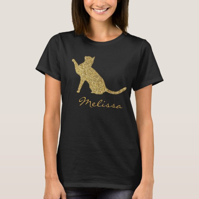 Gold Sparkle Kitty Cat Personalized T-Shirt (Front)
