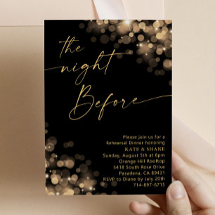 Gold Sparkle Lights and Black Rehearsal Dinner Invitation