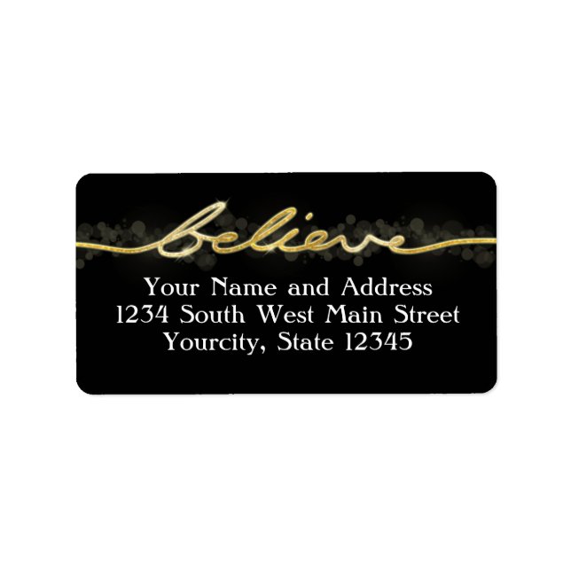Gold Sparkle Look Bokeh Believe Christmas Label (Front)