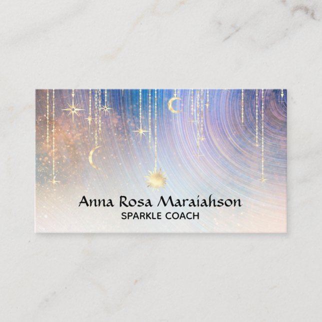 *~* Gold Sparkle Moon Sun Celestial Stars Rainbow Business Card (Front)