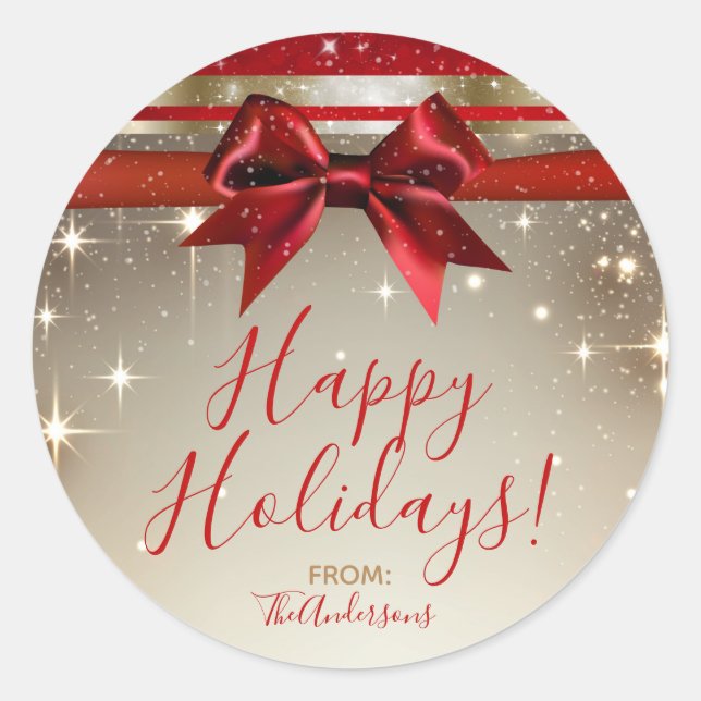 Gold Sparkle Red Bow Elegant Glam Holiday Favour Classic Round Sticker (Front)