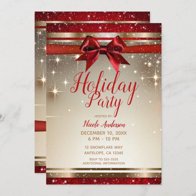 Gold Sparkle Red Bow Elegant Glam Holiday Party Invitation (Front/Back)