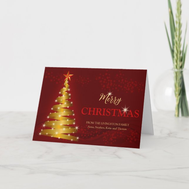 Gold Sparkle Ribbon Tree Christmas Card (Front)
