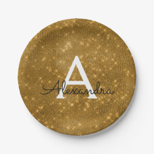Gold Sparkle & Shimmer Monogram Birthday Paper Plate