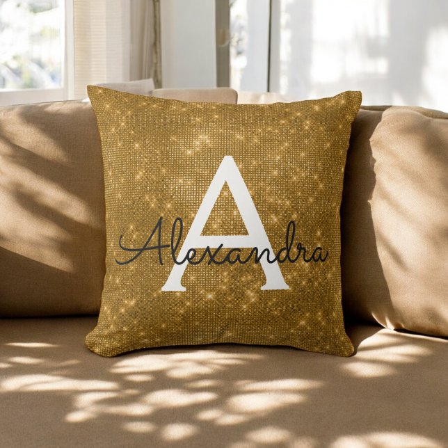 Gold Sparkle Shimmer Monogram Name & Initial Throw Pillow (Creator Uploaded)