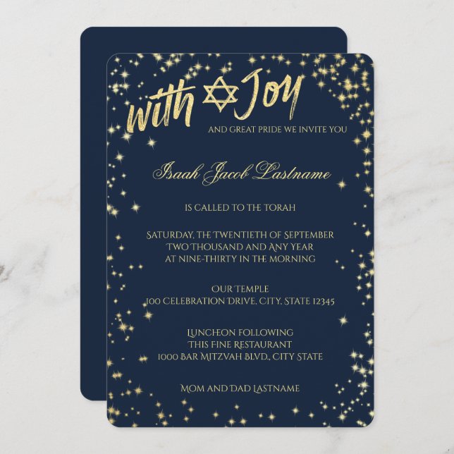 Gold Sparkle Sky Navy Blue Bar Mitzvah Invitation (Front/Back)