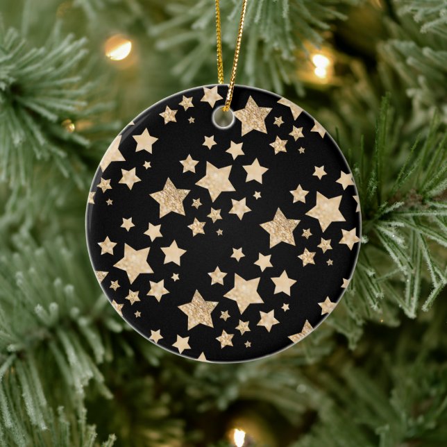 Gold sparkle Star Christmas Holiday black Ceramic Ornament (Tree)