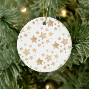 Gold sparkle Star Christmas Holiday white Ceramic Ornament