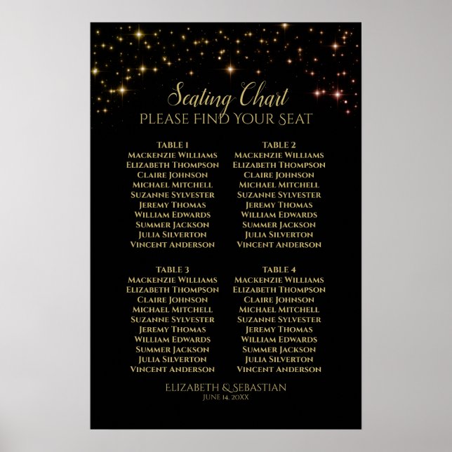 Gold Sparkle Stars 4 Table Wedding Seating Chart (Front)