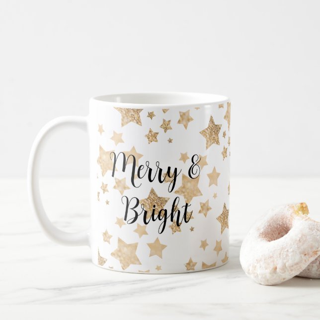 Gold sparkle Stars Christmas Merry Biright white Coffee Mug (With Donut)