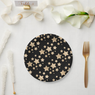 Gold sparkle Stars Merry Christmas Holiday black Paper Plate