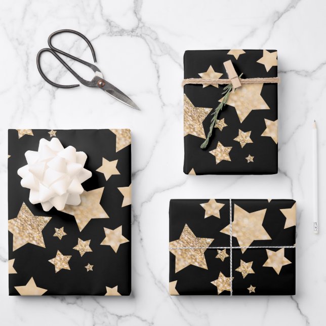 Gold sparkle Stars Merry Christmas Holiday black Wrapping Paper Sheet (Front)