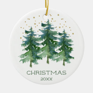 Gold Sparkle Watercolor Christmas Trees Ceramic Ornament