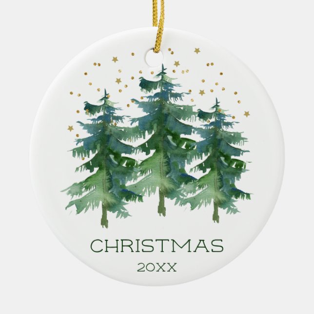 Gold Sparkle Watercolor Christmas Trees Ceramic Ornament (Front)