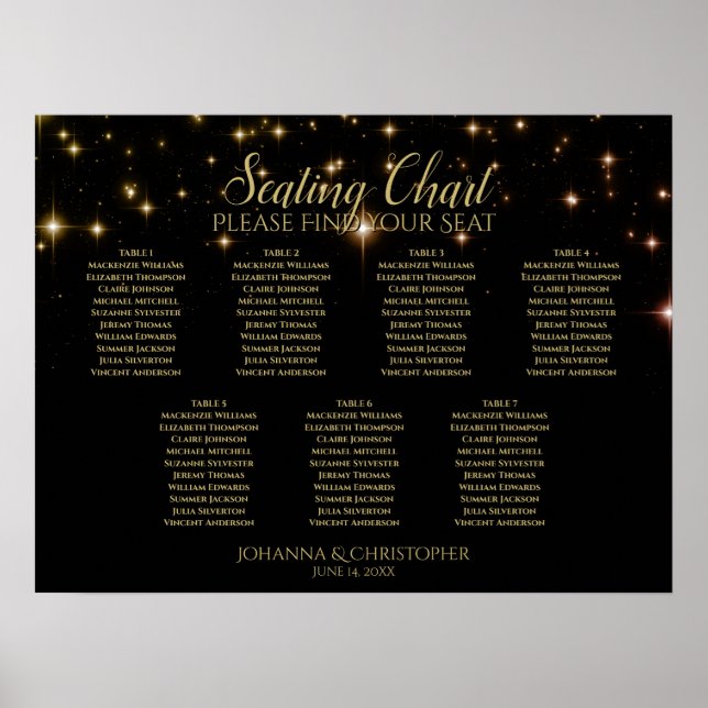 Gold Sparkles 7 Table Black Wedding Seating Chart (Front)