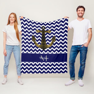 Gold sparkles Anchor Navy Blue Chevron Monogram Fleece Blanket