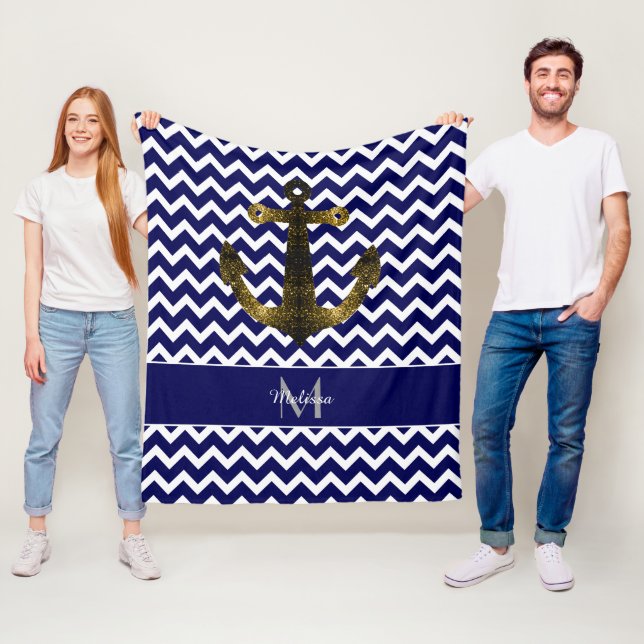 Gold sparkles Anchor Navy Blue Chevron Monogram Fleece Blanket (In Situ)