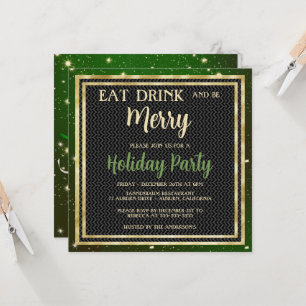 Gold Sparkles and Green Holiday Party Invitation