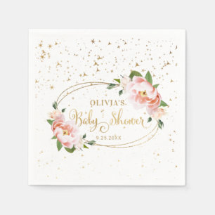 Gold Sparkles Blush Pink Floral Baby Girl Shower Napkin