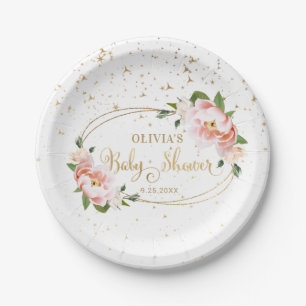 Gold Sparkles Blush Pink Floral Baby Girl Shower Paper Plate