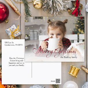Gold Sparkles Merry Christmas Calligraphy Photo Holiday Postcard