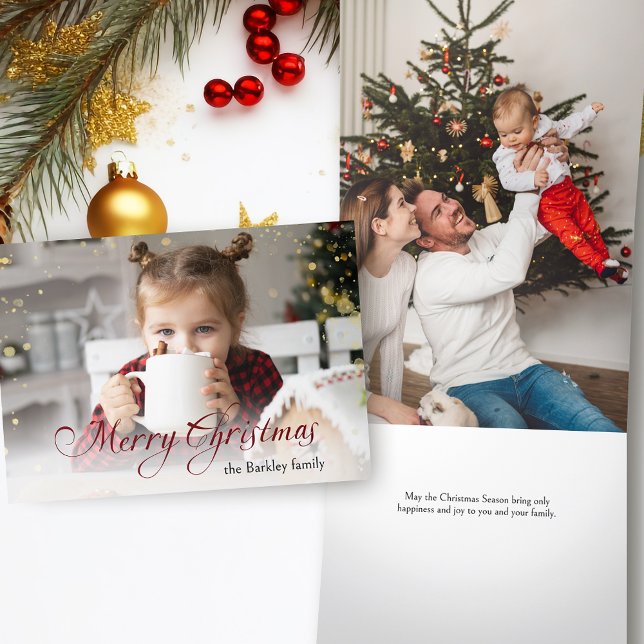 Gold Sparkles Merry Christmas Calligraphy Photo Tri-Fold Holiday Card (Creator Uploaded)