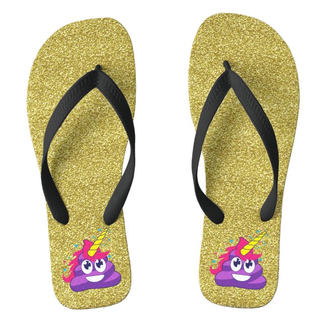 Gold Sparkles Purple Unicorn Emoji Poop Flip Flops (Footbed)