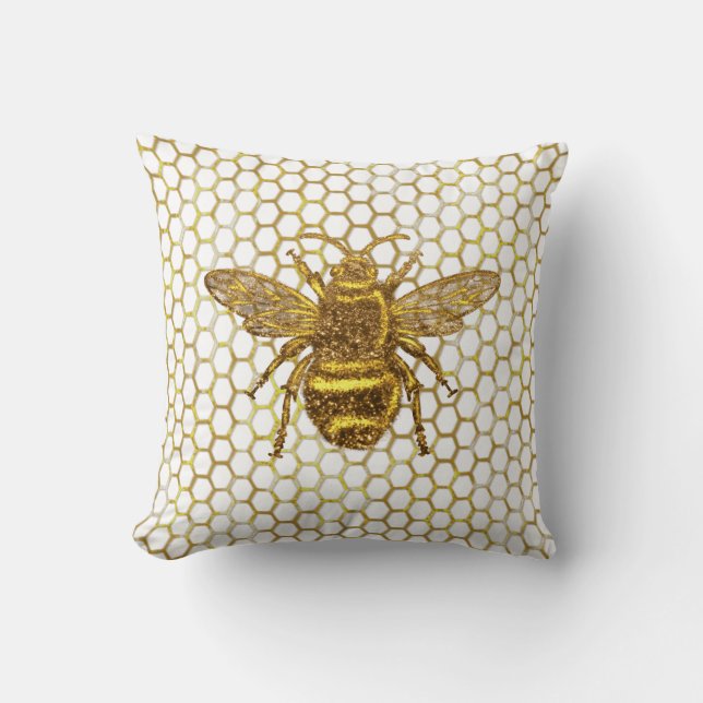 Gold Sparkling Bee Gold Hexagon Beehive Throw Pillow (Front)