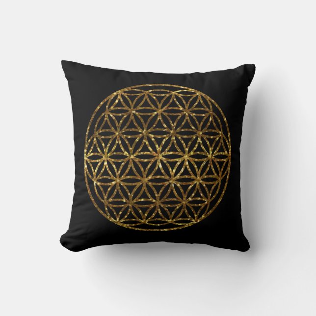 Gold Sparkling Flower of Life Throw Pillow (Front)