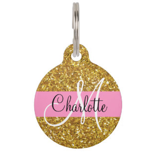 Gold sparkling glitter monogrammed      pet tag