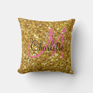 Gold sparkling glitter monogrammed     throw pillow