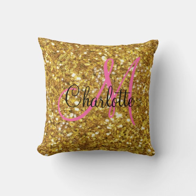 Gold sparkling glitter monogrammed     throw pillow (Front)