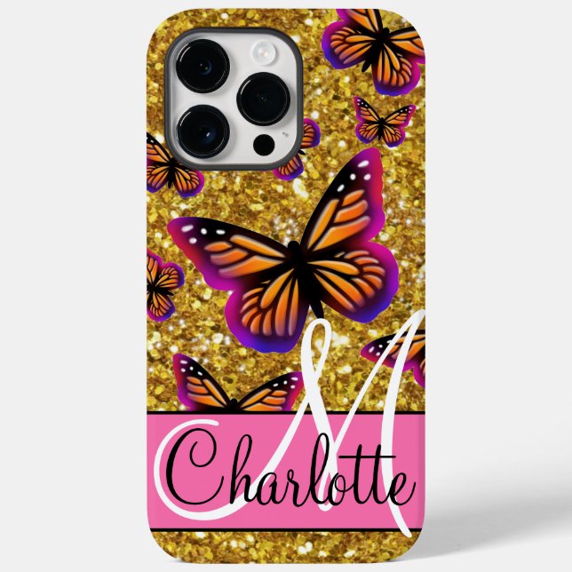 Gold sparkling glitter, orange pink butterflies  Case-Mate iPhone case (Back)