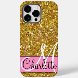 Gold sparkling glitter, orange pink butterflies Case-Mate iPhone 14 pro max case