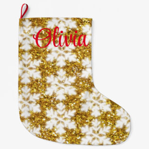 Gold sparkling glitter snowflakes          large christmas stocking