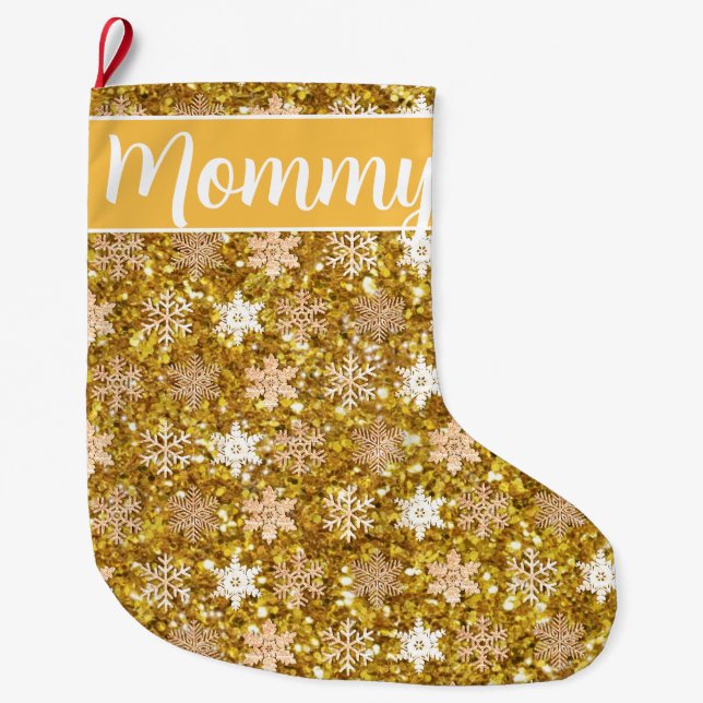 Gold sparkling glitter snowflakes            large christmas stocking (Front)