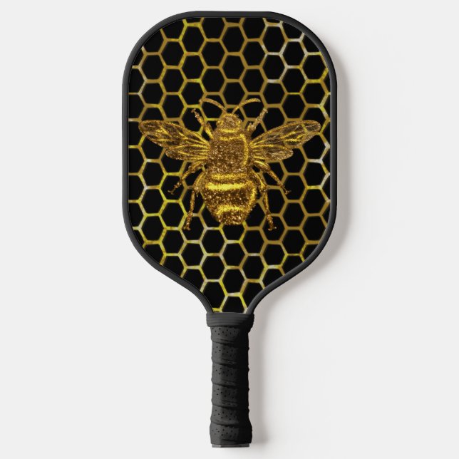 Gold Sparkling Queen Bee Gold Hexagon Beehive Pickleball Paddle (Front)