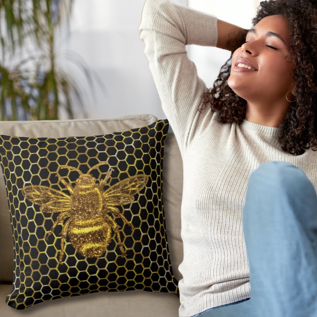 Gold Sparkling Queen Bee Gold Hexagon Beehive Throw Pillow (Creator Uploaded)