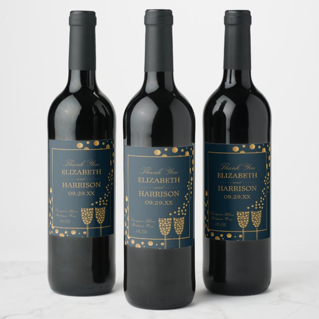 Gold Sparkling Wine Bubbles, Blue & Gold Wedding Wine Label (Bottles)