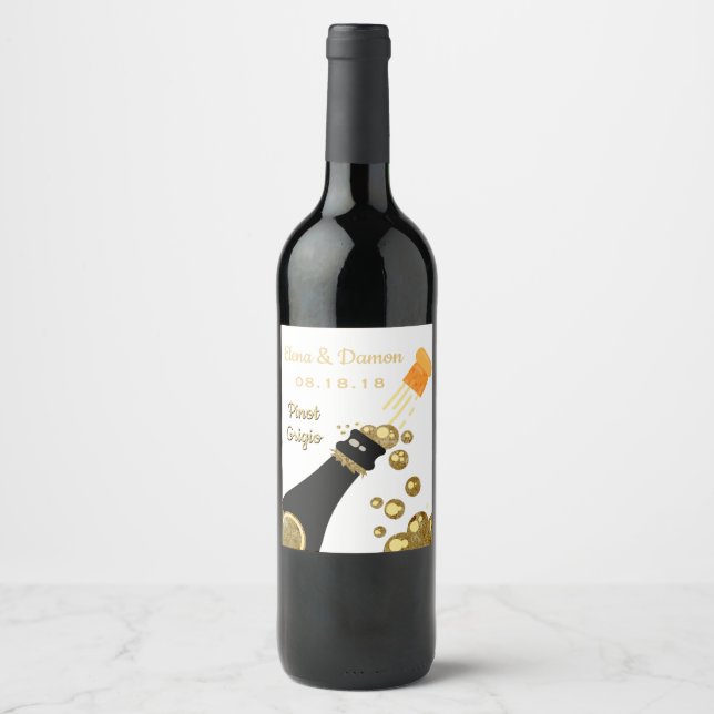 Gold Sparkling Wine Bubbles Wedding Label (Front)